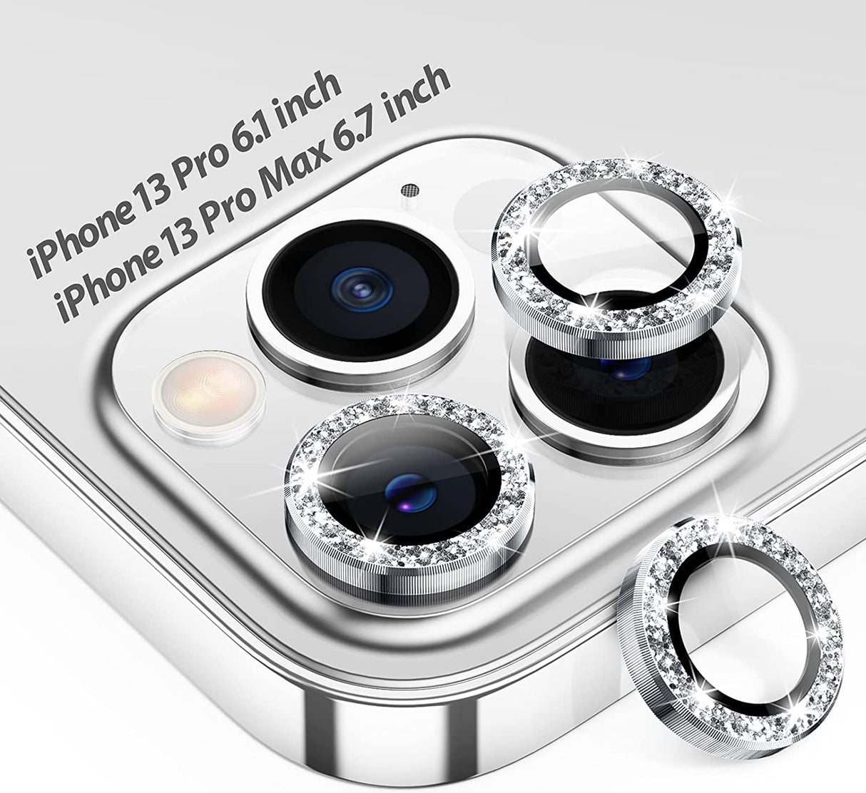 YU WELL iPhone lens protector - iPhone 12 pro /13 pro / 13 Pro Max Camera Lens Protector, Glass Camera Cover Screen Protector Metal Individual Ring for iPhone models (iPhone 12 Pro, Silver Diamond)