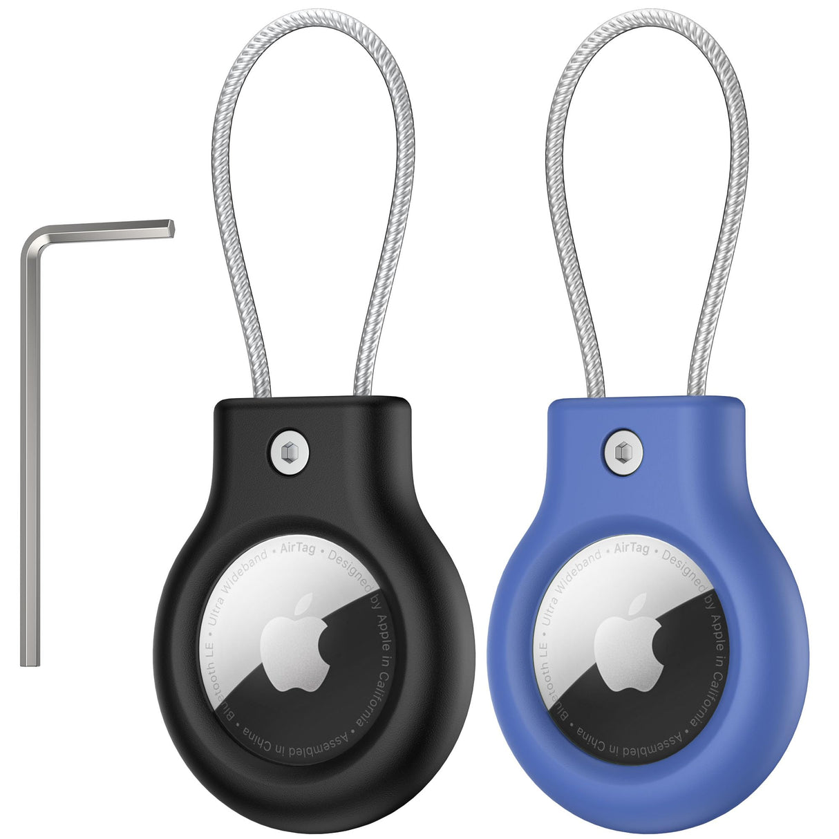 حامل AirTag مقاوم للماء، حافظة آمنة لعلامة AirTag مضادة للسرقة مع كابل سلكي، غطاء مقاوم للخدش ومتين للغاية مع قفل مفتاح للسيارة والدراجة والأمتعة (أسود + أزرق)