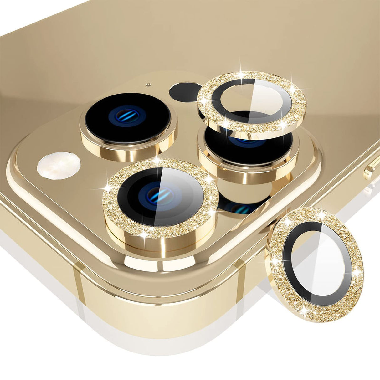 YIUYIUPI [عبوة من 3 قطع] واقي عدسة الكاميرا لهاتف iPhone 14 Pro/iPhone 14 Pro Max، [ترميم عميق] غطاء كاميرا من الزجاج المقوى المقاوم للخدش مع حلقة معدنية وإكسسوارات (ذهبي ماسي)