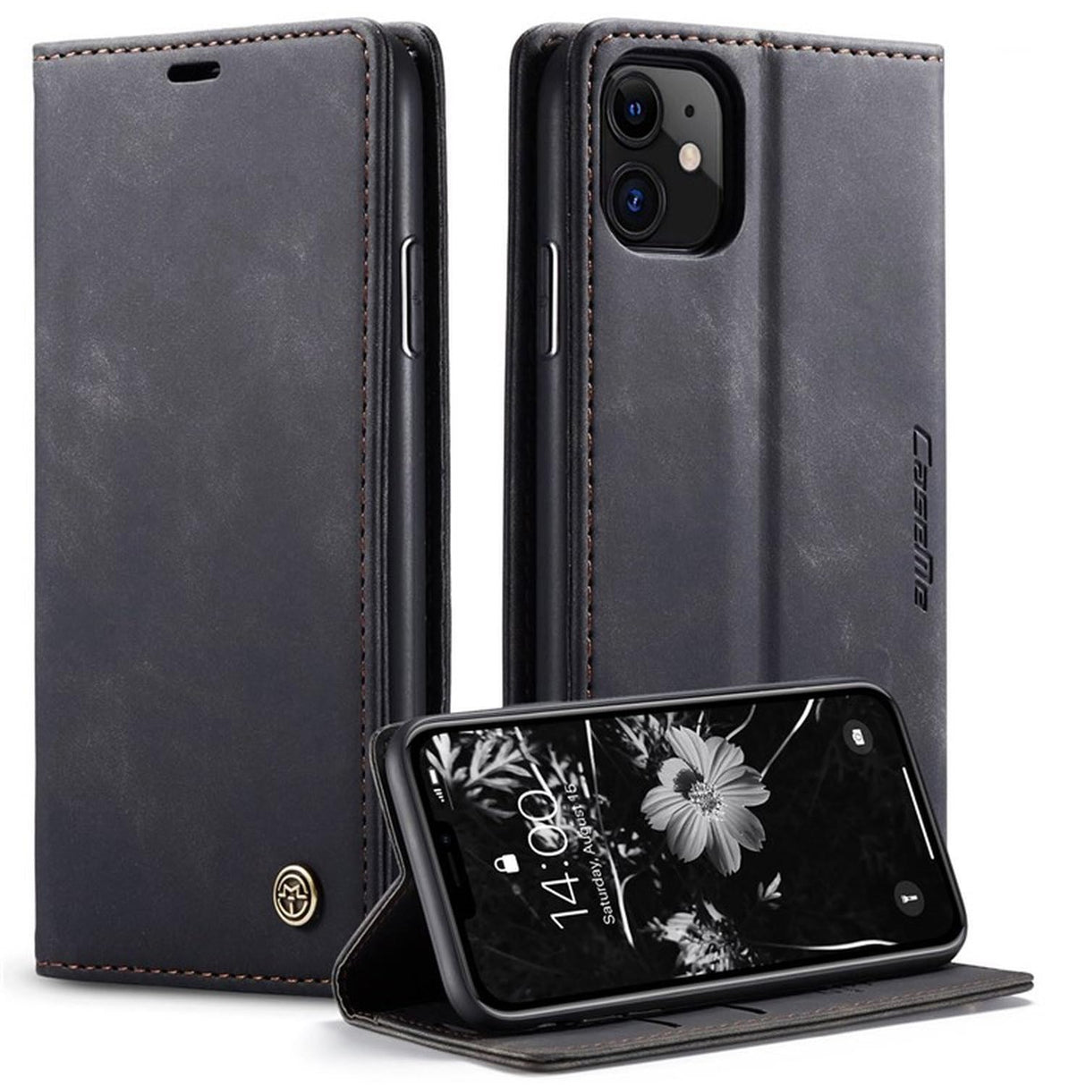 جراب محفظة جلدي قابل للطي من UniqCase قابل للامتصاص تلقائيًا لهاتف iPhone 11 مقاس 6.1 بوصة (2019) - أسود