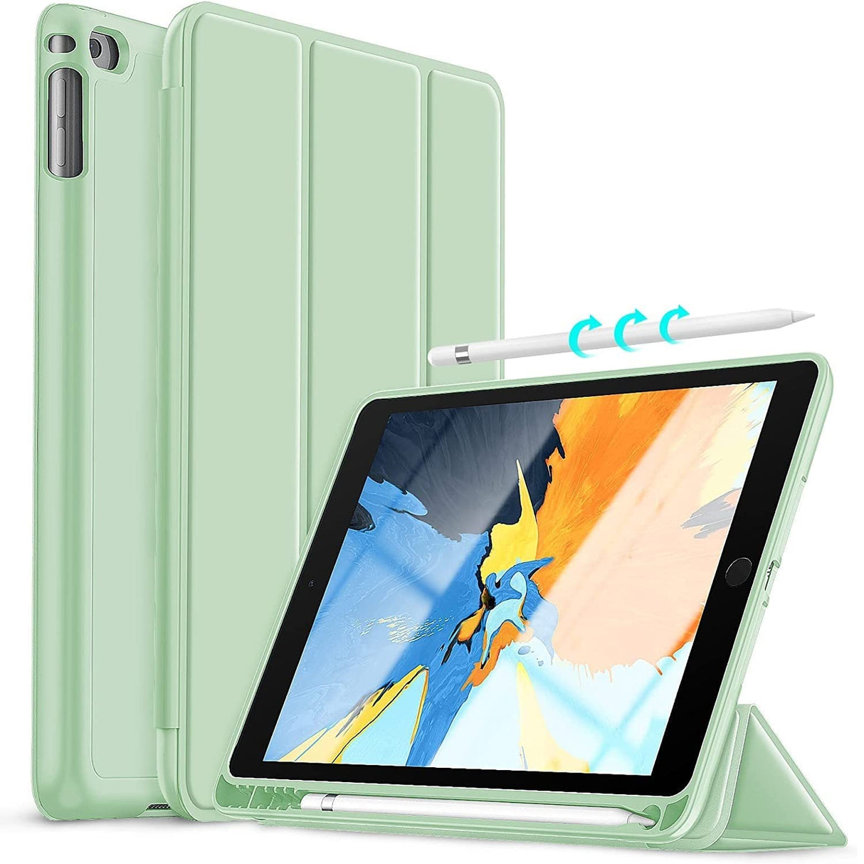 حافظة أقلام Vultic ثلاثية الطي لجهاز iPad Air (2013) / Air 2 (2014) / 9.7 بوصة [الجيل الخامس/السادس 2017/2018]، حامل مغناطيسي ذكي [إيقاف/تشغيل تلقائي] غطاء خلفي من السيليكون (أخضر فاتح)