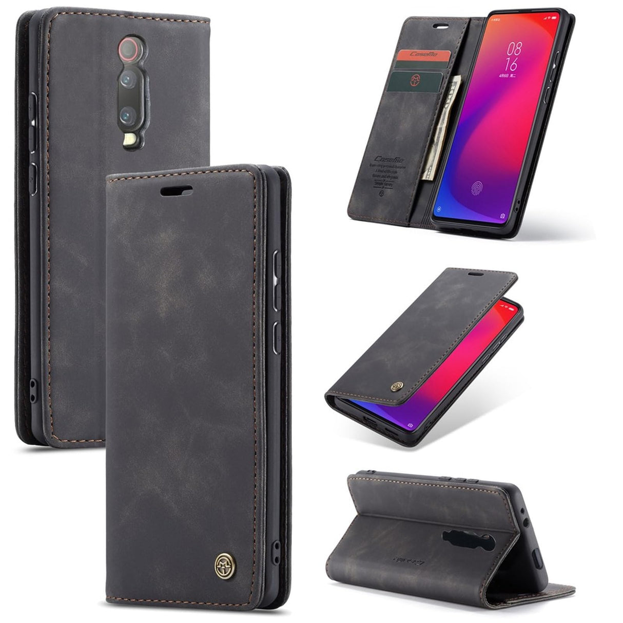 غطاء هاتف من الجلد الصناعي من UniqCase مزود بمحفظة وامتصاص تلقائي لهاتف Xiaomi Redmi K20 Pro/Redmi K20/Mi 9T/Mi 9T Pro - أسود