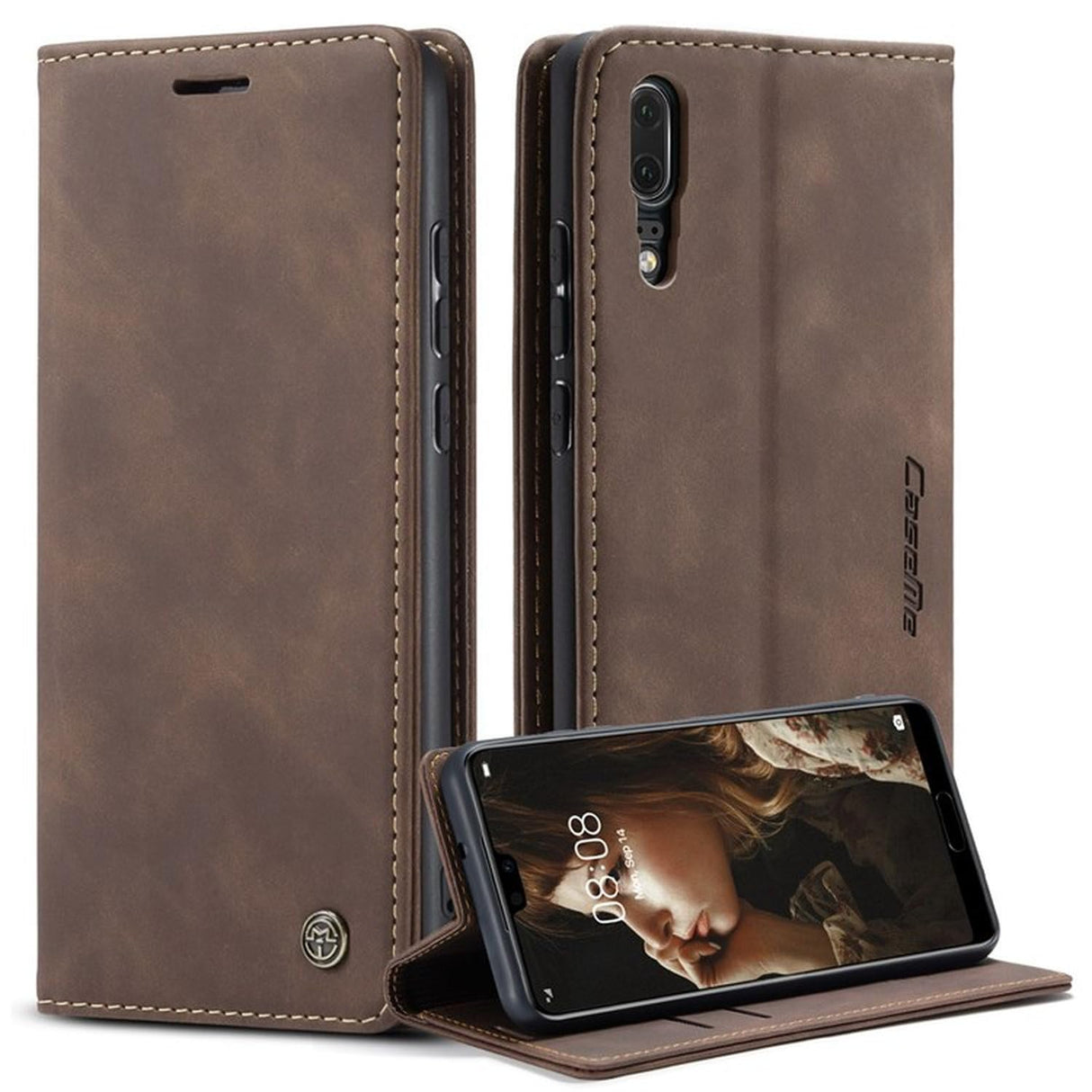 UniqCase لهاتف Huawei P20 غطاء هاتف قابل للطي مع حامل من جلد البولي يوريثان يمتص تلقائيًا - لون القهوة