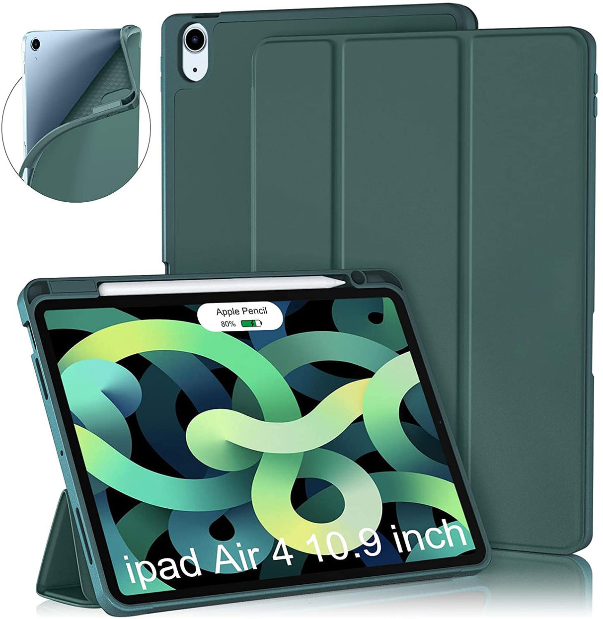 جراب AWH لجهاز iPad Air الجيل الرابع 2020 مقاس 10.9 بوصة مع حامل قلم مغناطيسي [إيقاف/إيقاف تلقائي]، غطاء مقاوم للصدمات ومسند متوافق مع iPad Air 4 مقاس 10.9 بوصة، (أخضر)