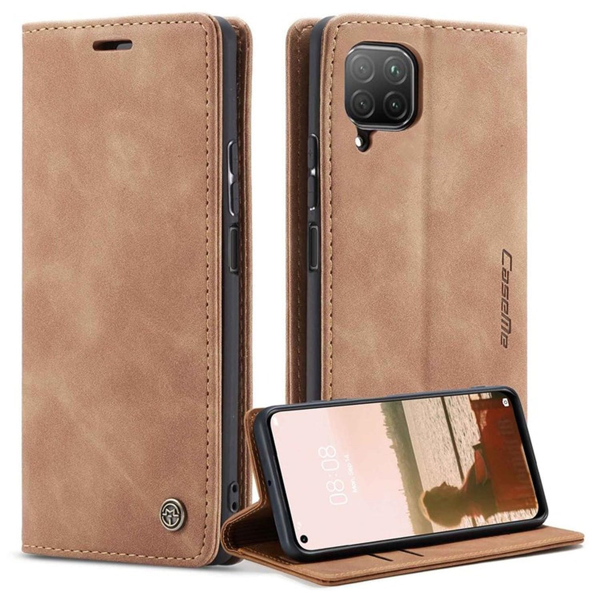 حافظة UniqCase لهاتف Huawei P40 lite 4G/Nova 7i/nova 6 SE من جلد البولي يوريثان قابلة للطي مع حامل قابل للتعديل - بني