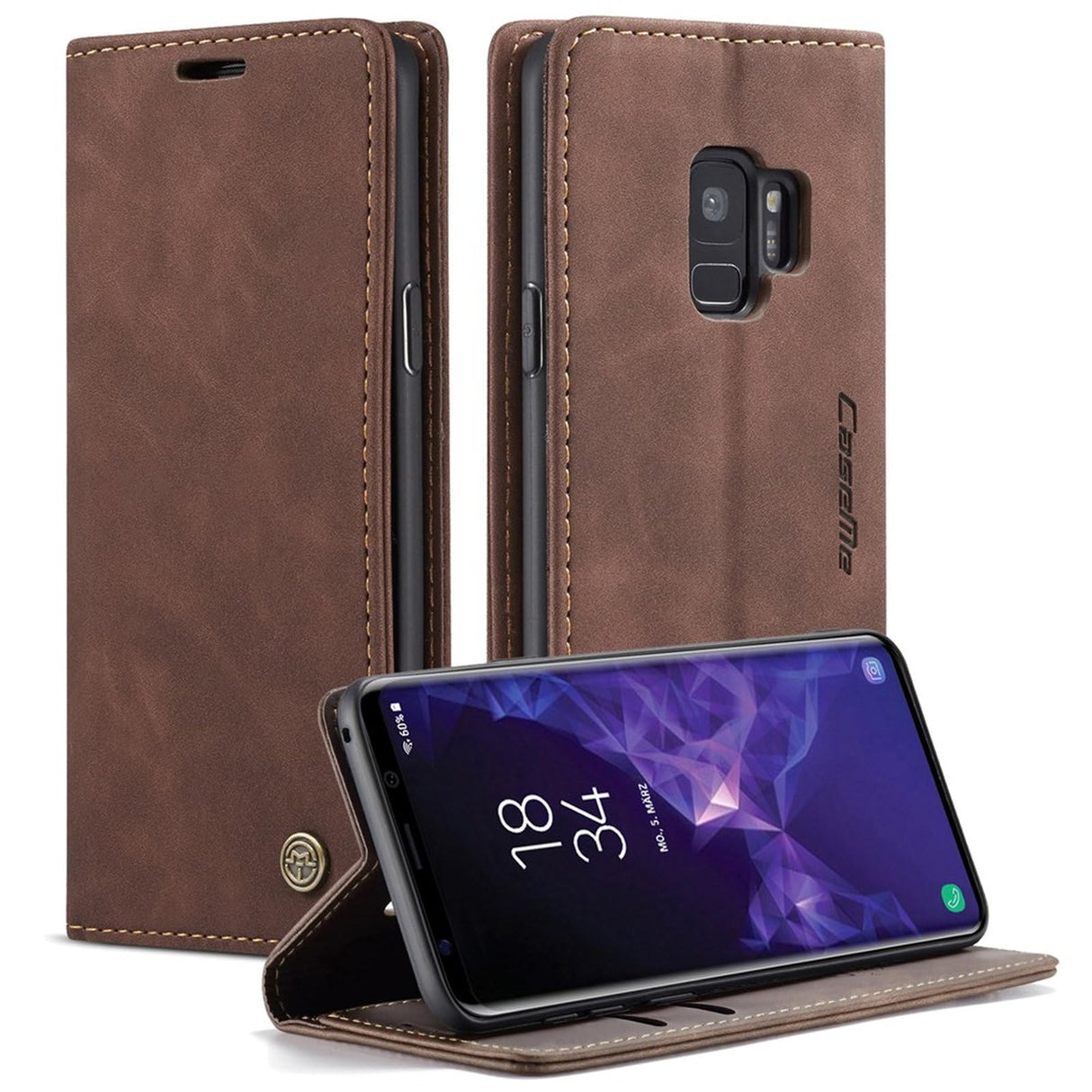 جراب محفظة جلدي من UniqCase، قابل للامتصاص التلقائي، لهاتف Samsung Galaxy S9 G960 - لون بني