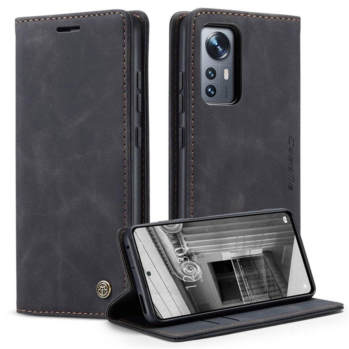 UniqCase Anti-scratch Phone Case Shell For Xiaomi 12 5G/12X 5G/12S 5G, Auto-absorbed PU Leather Wallet Fold able Stand Phone Cover - Black