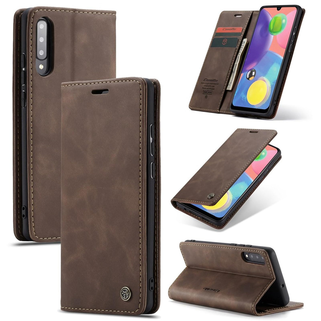 UniqCase Auto-absorbed Leather Wallet Case Flip Shell For Samsung Galaxy A70s - Coffee