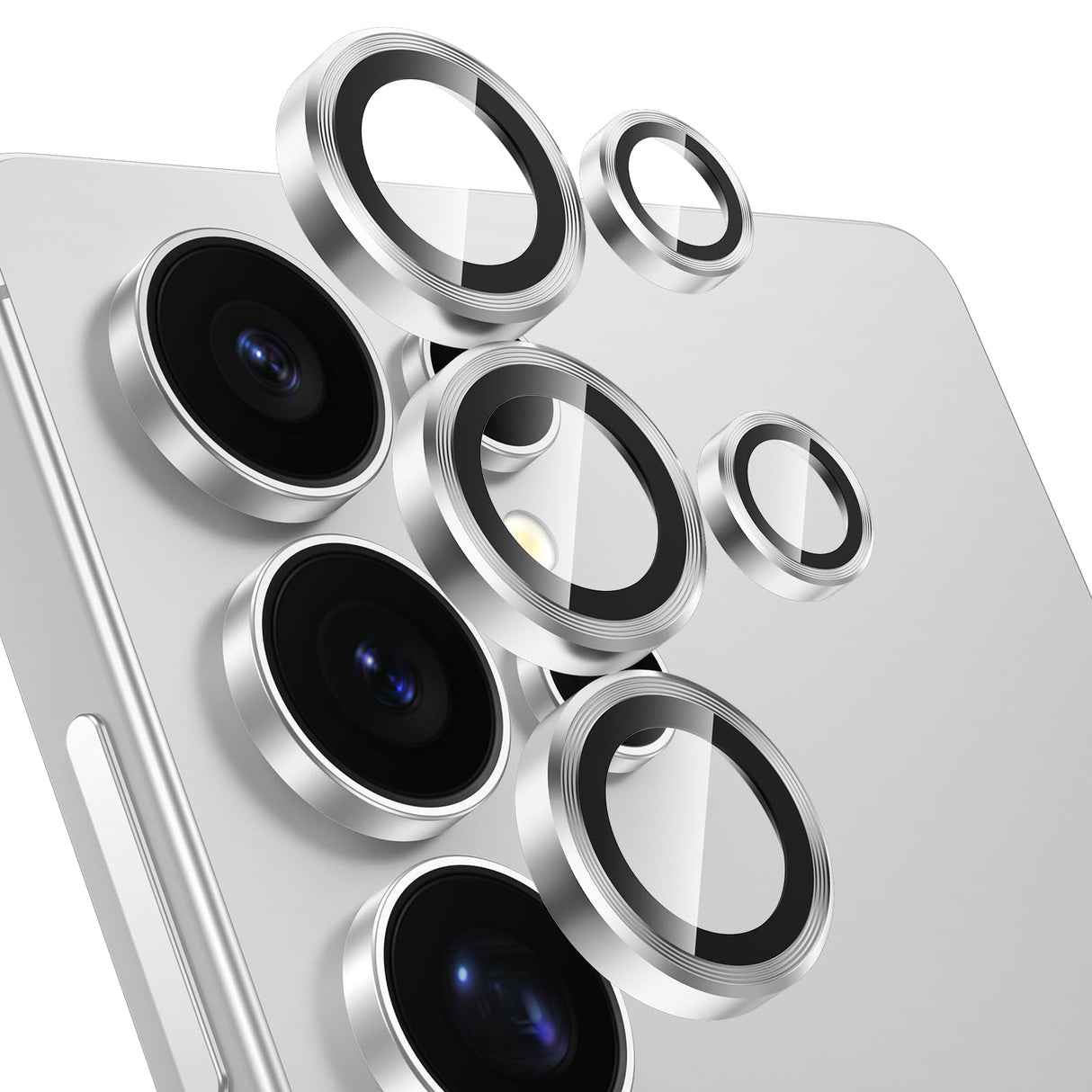 واقي عدسة كاميرا Tensea [3+2 قطعة] لهاتف Samsung Galaxy S22 Ultra، غطاء كاميرا من الزجاج المقوى 9H مع حلقة معدنية فردية، S22 Ultra 5G 2022 [صينية التثبيت] [أداة الإزالة] - فضي