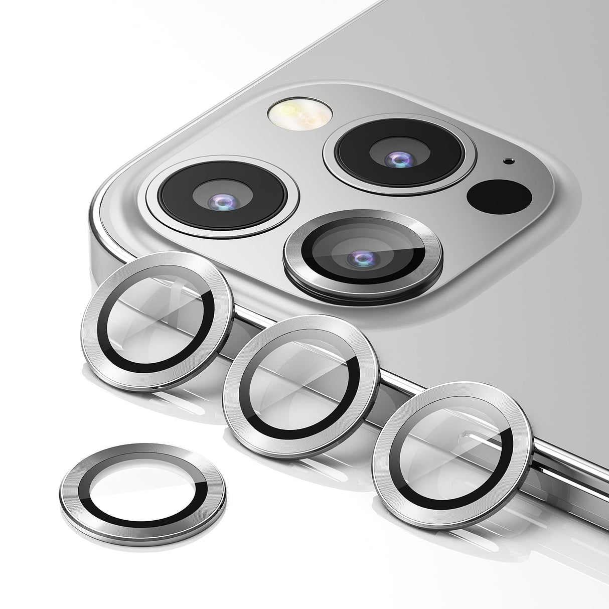 واقي عدسة الكاميرا WSKEN [3+1] لهاتف iPhone 13 Pro Max (6.7 بوصة)/ iPhone 13 Pro (6.1 بوصة)، واقي شاشة معدني مقاوم للخدش عالي الدقة من الزجاج المقوى، غطاء مقاوم للصدمات، فضي