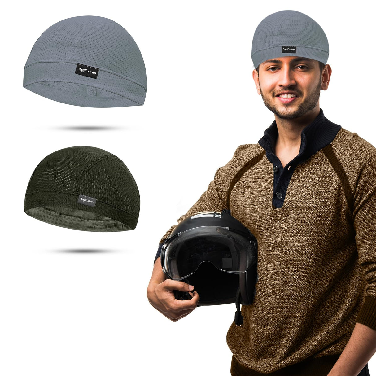 Xtrim Unisex Helmet Skull Cap for Bikers & Cyclists, Cotton Head Cap, Hair Inner Helmet Cap for Men, Sweat Cooling Beanie Cap for Men & Women, Skull Mask for Bike (Pack of 2, Charcoal Grey & Khakhi)