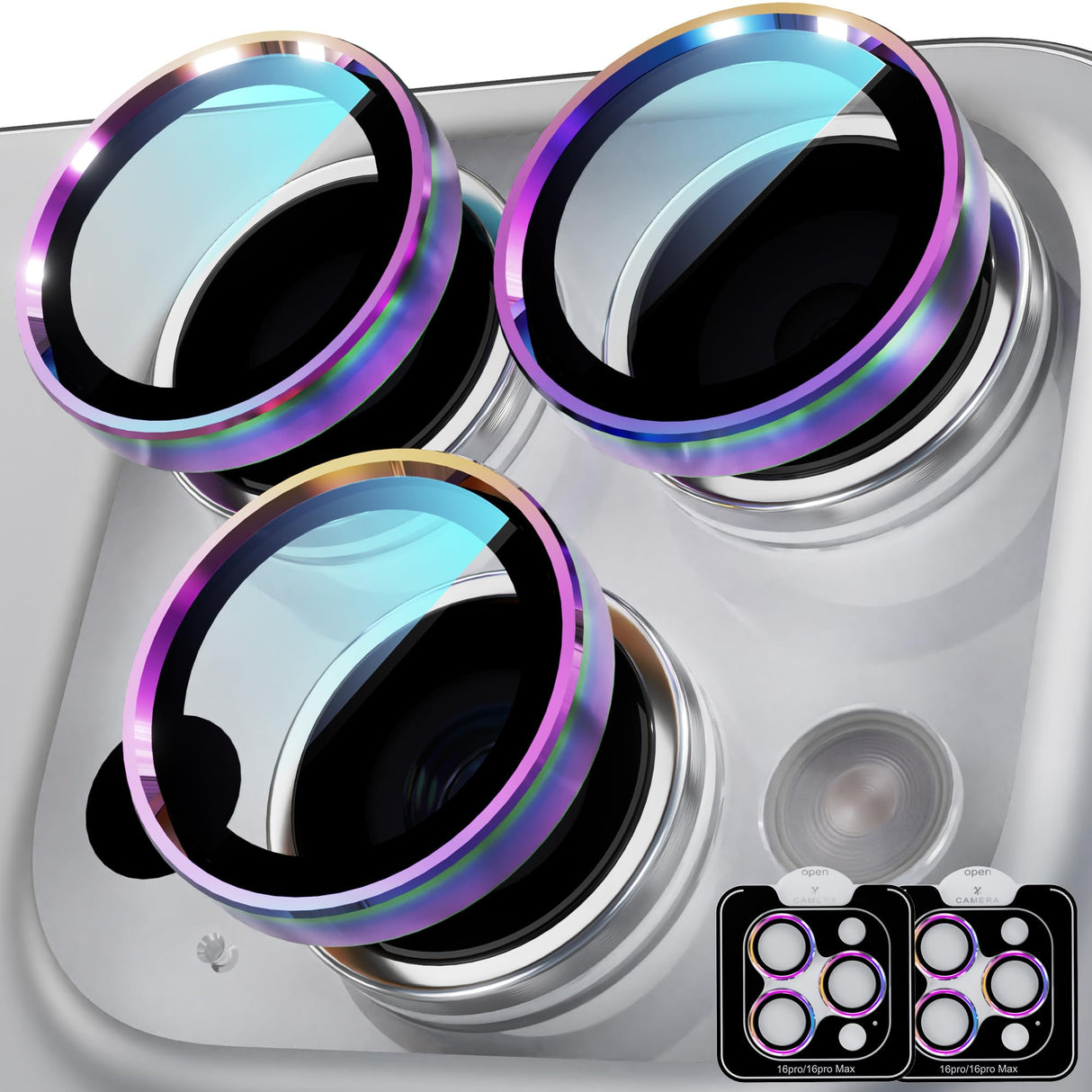 واقي عدسة الكاميرا YWXTW لهاتف iPhone 16 Pro/iPhone 16 Pro Max، [صينية تركيب بخطوة واحدة] واقي شاشة من الزجاج المقوى، غطاء كاميرا فردي معدني، ملحقات حافظة (ملون - عبوتان)