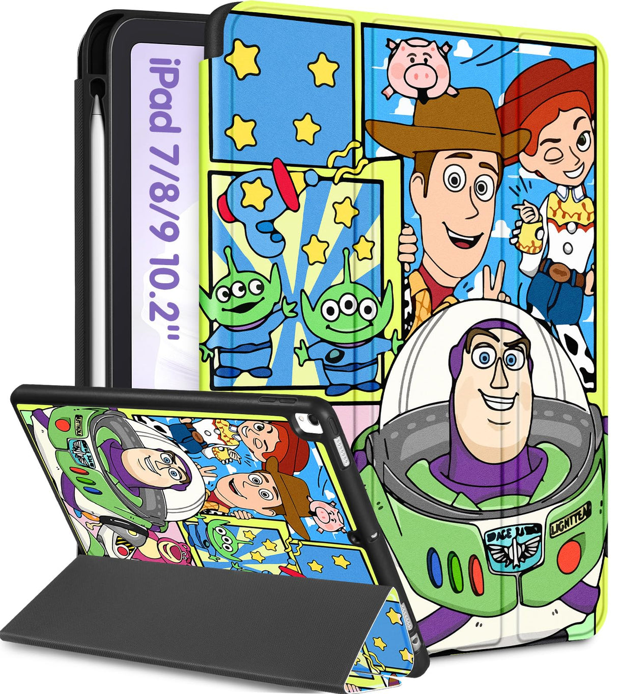 حافظة عصرية بتصميم كرتوني لطيف كاواي لأجهزة iPad 9/8/7 من الجيل 10.2 بوصة للأولاد والبنات والأطفال والمراهقين والنساء بتصميم أنيق مع حامل أقلام لجهاز Apple iPad 9/8/7 من الجيل، TFamily