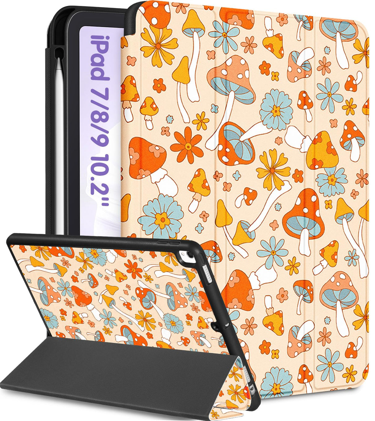 جراب Uppuppy لجهاز iPad من الجيل التاسع/الثامن/السابع مقاس 10.2 بوصة للفتيات والأطفال والنساء، جراب ذكي قابل للطي وحامل أقلام بتصميم جمالي على شكل فطر، جرابات للفتيات المراهقات من الجيل السابع/الثامن/التاسع A2602 A2270 A2197