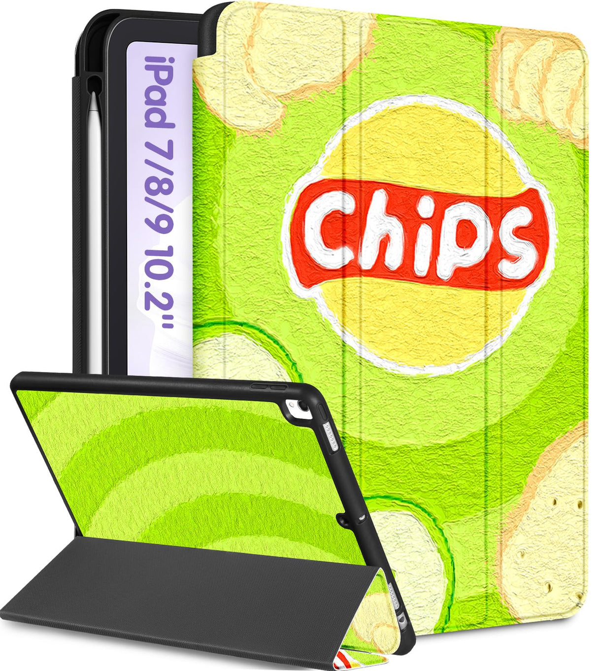 جراب Uppuppy لجهاز iPad من الجيل التاسع/الثامن/السابع مقاس 10.2 بوصة للفتيات والأولاد والأطفال والنساء وغطاء فوليو وحامل أقلام طعام وكرتون رائع للرجال بتصميم مرح ومضحك وحافظات للمراهقين لجهاز iPad 7/8/9 من الجيل A2602 A2270 A2197