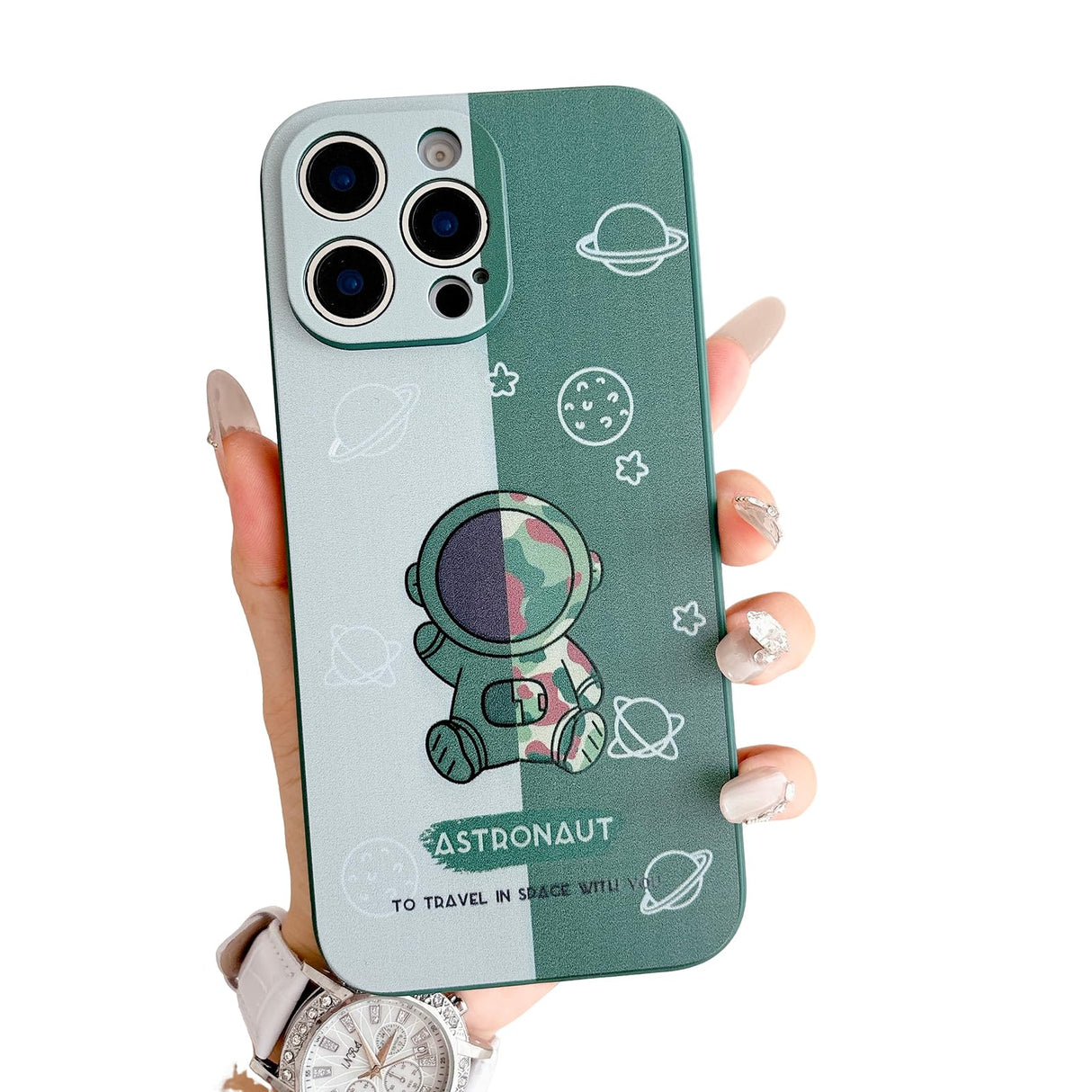 جراب Yonds Queen لطيف لهاتف iPhone 15 Pro، تصميم كرتوني رائع لرائد فضاء وكوكب وقمر أنيق ومتين من مادة TPU ومضاد للانزلاق ومقاوم للصدمات (Green Planet، iPhone 15 Pro)