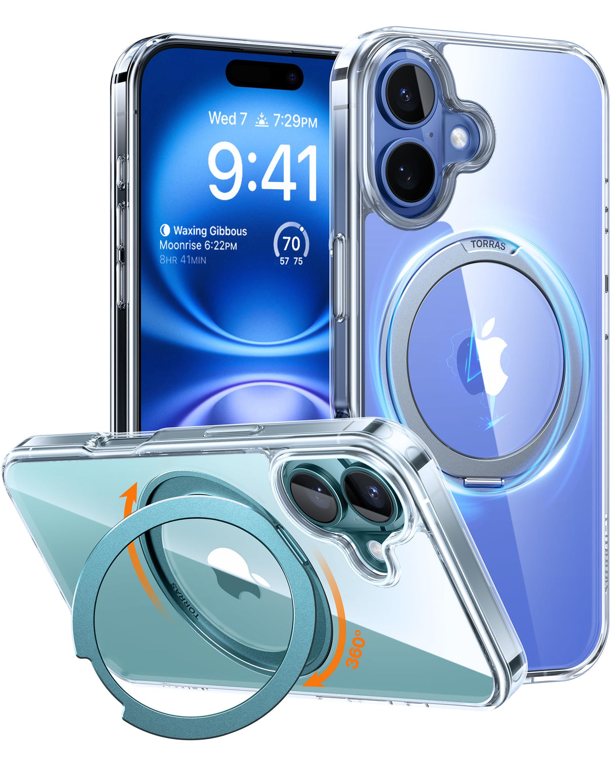 TORRAS 360°Rotatable Magnetic Ring for iPhone 16 Case, Fit for MagSafe with Stand & Ring Holder, 16FT Military Grade Shockproof Translucent Back for iPhone 16, Clear
