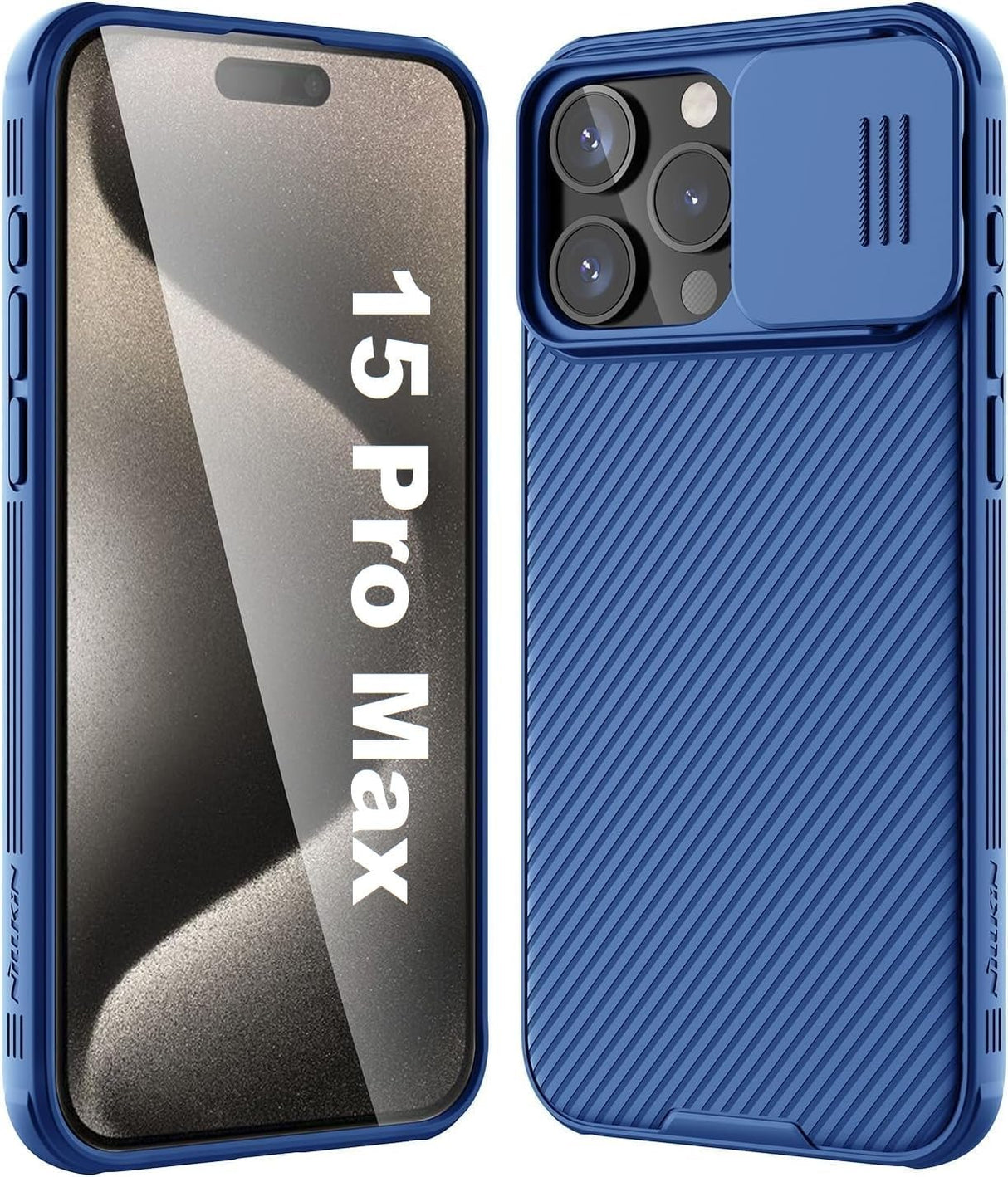 جراب AWH لهاتف iPhone 15 Pro Max Camshield مع حماية منزلقة لعدسة الكاميرا - غطاء خلفي من البولي كربونات وإطار ممتص للصدمات من مادة TPU مضاد لبصمات الأصابع، جراب ناعم الملمس (أزرق)