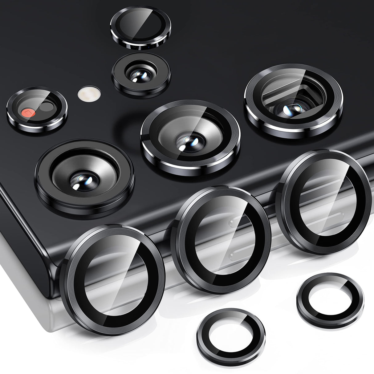 واقي عدسة كاميرا AWH Hoerrye لهاتف Samsung Galaxy S23 Ultra، مناسب للحافظات، مصنوع من زجاج مقوى 9H مضاد للخدش، دائرة حماية عسكرية من التيتانيوم الفضائي، أداة إزالة (أسود)