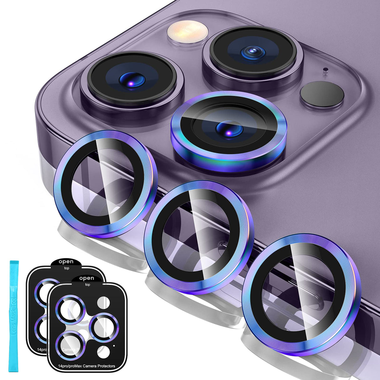 Tensea [3+3 قطع لهاتف iPhone 14 Pro - iPhone 14 Pro Max واقي عدسة الكاميرا، غطاء كاميرا من الزجاج المقوى 9H واقي شاشة حلقة معدنية فردية لهاتف iPhone 14 Pro 6.1 بوصة / 14 ProMax 6.7 بوصة 2022