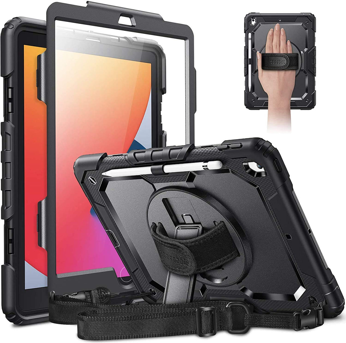 AVAKOT iPad 9th Generation Case iPad 10.2 Case 2021 | AVAKOT iPad 8th Generation Case 2020,Hard Rugged Protective Cover w/Handle Shoulder Strap for iPad 10.2 inch 2019 Black