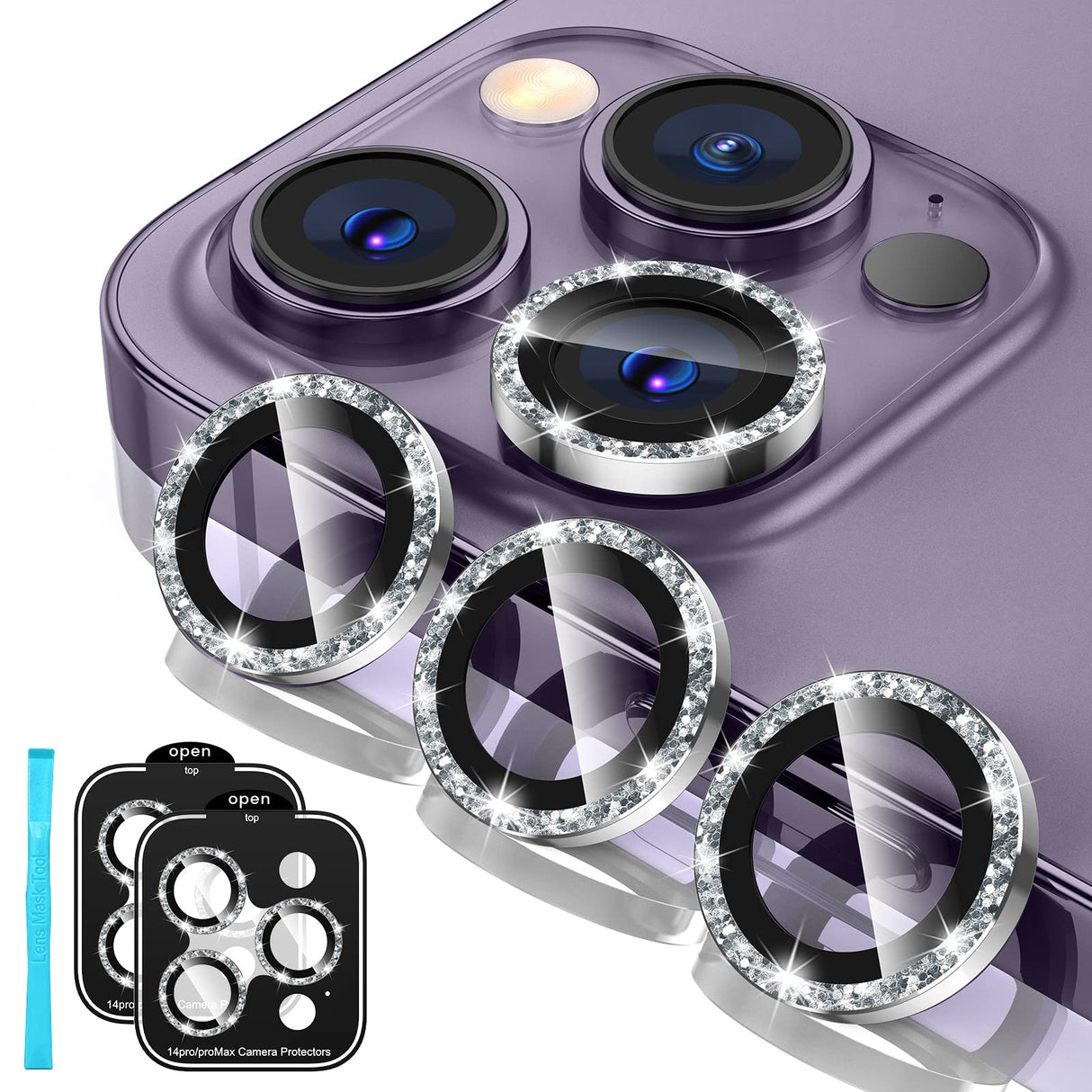 Tensea [3+3 قطع لهاتف iPhone 14 Pro - iPhone 14 Pro Max واقي عدسة الكاميرا، غطاء كاميرا من الزجاج المقوى 9H واقي شاشة حلقة معدنية فردية لهاتف iPhone 14 Pro 6.1 بوصة / 14 ProMax 6.7 بوصة 2022